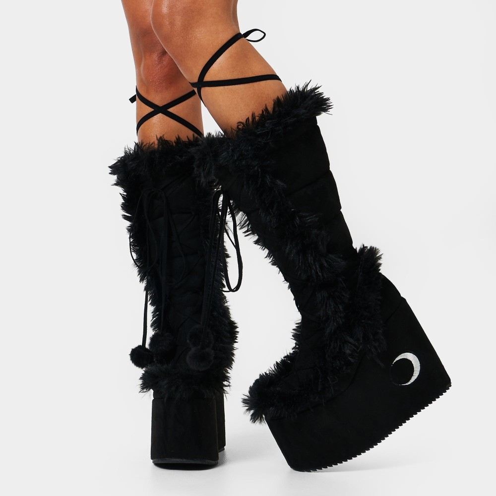 Koi Footwear Twilight - La Push Crescent Platform Faux Fur Platform Boots - Black